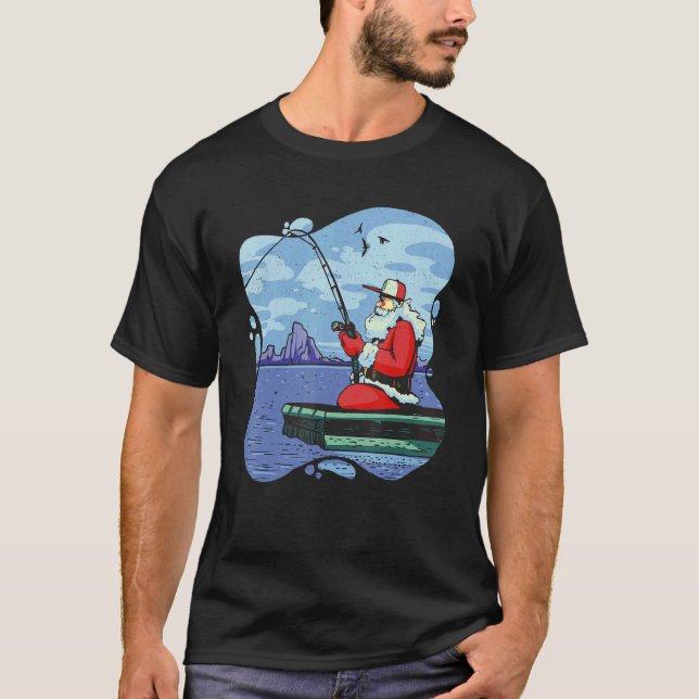 Christmas Santa Claus Fishing On Lake Wood Boat Ou T-Shirt (Front)