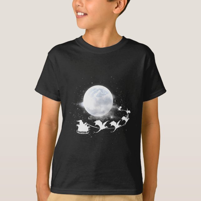 Christmas Santa Claus Flying Past The Moon Dragon  T-Shirt (Front)