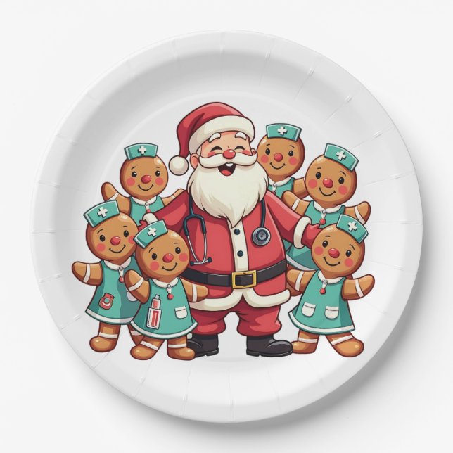 Christmas Santa Claus Gingerbread Nurses  Paper Plate (Front)
