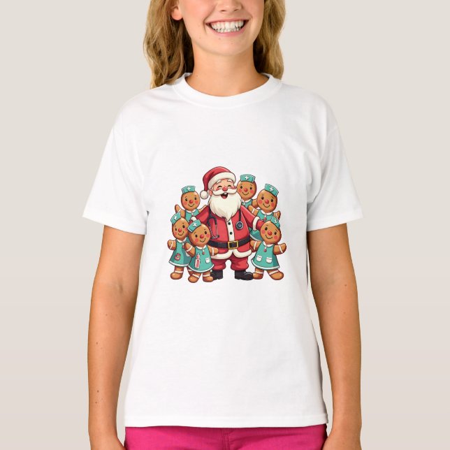 Christmas Santa Claus Gingerbread Nurses  T-Shirt (Front)