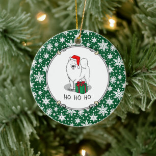 Christmas Santa Claus Hat Samoyed Dog Funny Ceramic Ornament