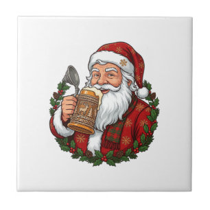 Christmas Santa Claus Holding Beer Glass Ceramic Tile