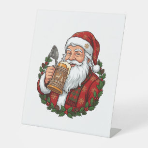 Christmas Santa Claus Holding Beer Glass Pedestal Sign