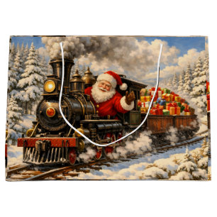 Christmas Santa Claus in Vintage Train with Gifts Large Gift Bag