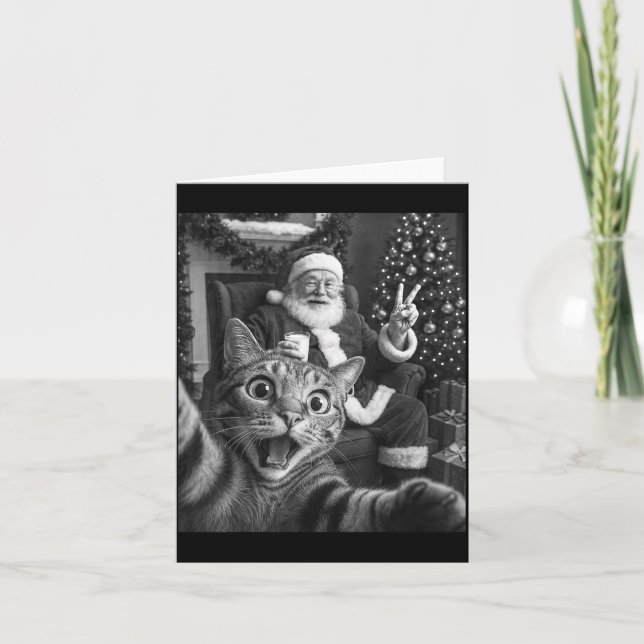 Christmas Santa Claus Merry X-mas Funny Cat Selfie Card (Front)