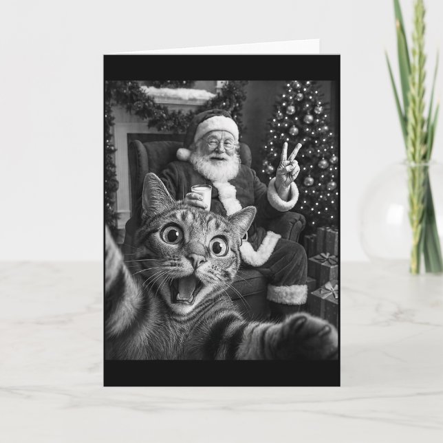 Christmas Santa Claus Merry X-mas Funny Cat Selfie Card (Front)