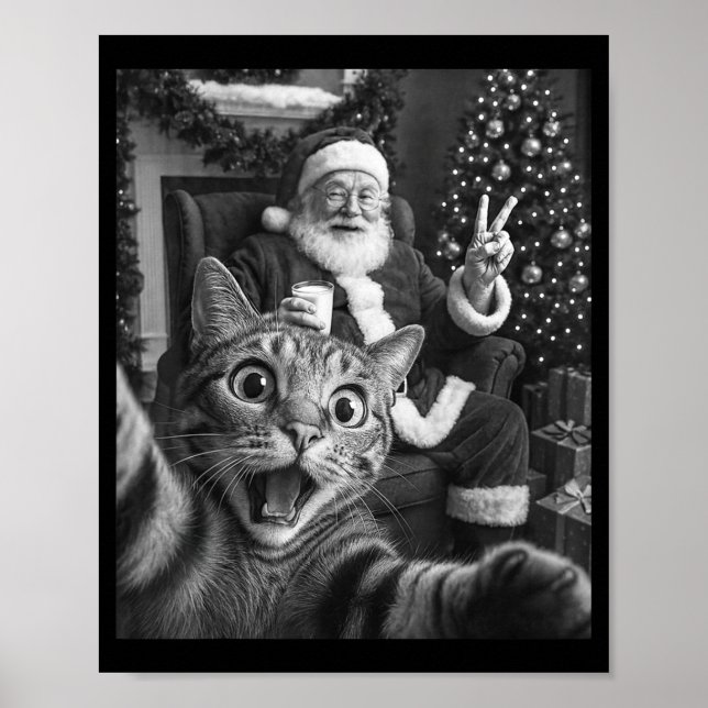 Christmas Santa Claus Merry X-mas Funny Cat Selfie Poster (Front)