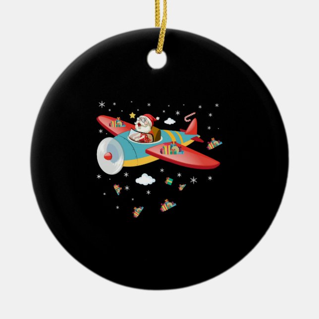 Christmas Santa Claus Pilot Flying Aeroplane Boys  Ceramic Ornament (Front)