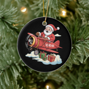 Christmas Santa Claus Pilot Flying Aeroplane Gift Ceramic Ornament
