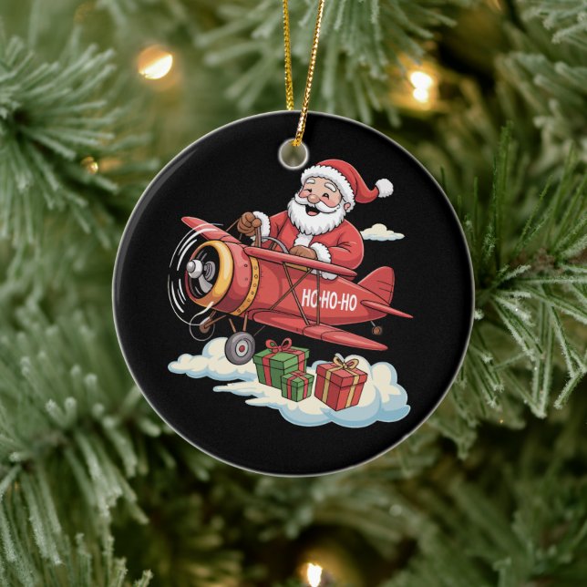 Christmas Santa Claus Pilot Flying Aeroplane Gift Ceramic Ornament (Tree)