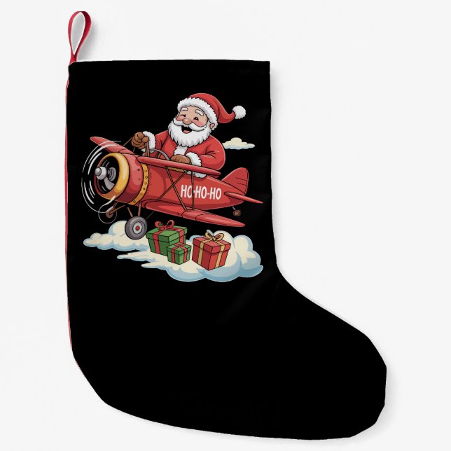 Christmas Santa Claus Pilot Flying Aeroplane Gift Small Christmas Stocking (Front)