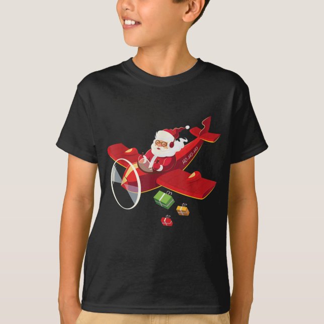 Christmas Santa Claus Pilot Flying Airplane T-Shirt (Front)