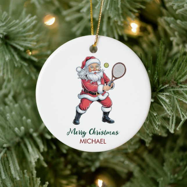 Christmas Santa claus playing tennis Personalized Ceramic Ornament (Tree)