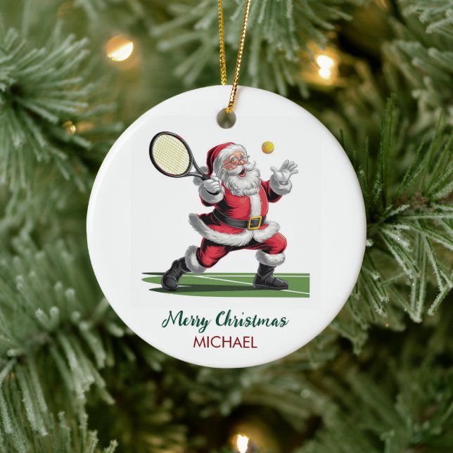 Christmas Santa claus playing tennis Personalized Ceramic Ornament (Tree)