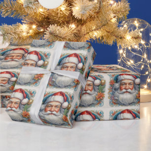 Christmas Santa Claus, Red Poinsettia, Ornaments Wrapping Paper