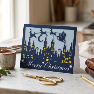 Christmas Santa Claus Reindeer Cityscape Papercut Holiday Card