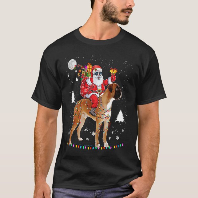 Christmas Santa Claus Riding Boxer Dog Lights Xmas T-Shirt (Front)