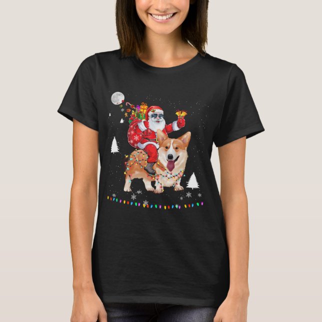 Christmas Santa Claus Riding Corgi Dog Lights Xmas T-Shirt (Front)