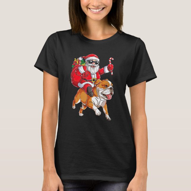 Christmas Santa Claus Riding English Bulldog Merry T-Shirt (Front)