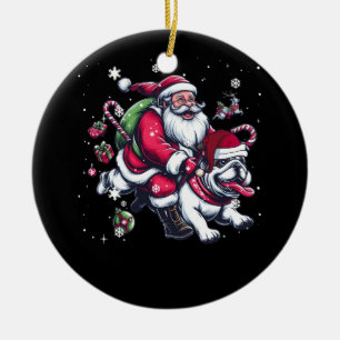 Christmas Santa Claus Riding English Bulldog Xmas Ceramic Ornament
