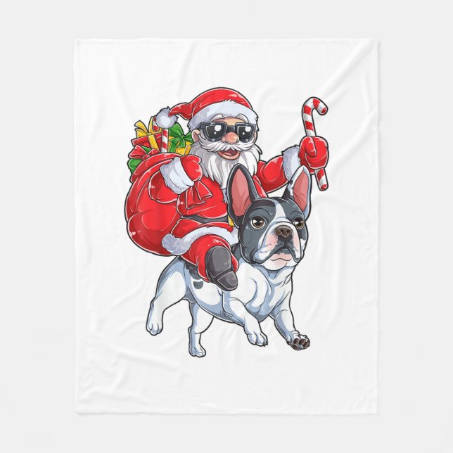 Christmas Santa Claus Riding French Bulldog Xmas B Fleece Blanket (Front)