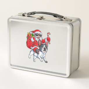 Christmas Santa Claus Riding French Bulldog Xmas B Metal Lunch Box