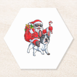 Christmas Santa Claus Riding French Bulldog Xmas B Paper Coaster