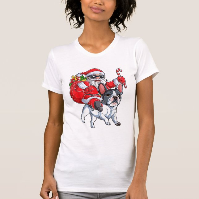 Christmas Santa Claus Riding French Bulldog Xmas B T-Shirt (Front)