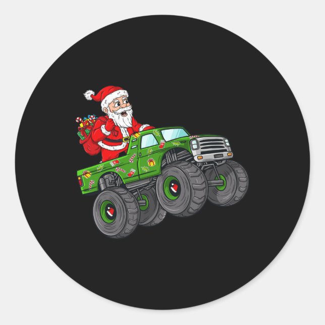Christmas Santa Claus Riding In Monster Truck Boys Classic Round Sticker (Front)