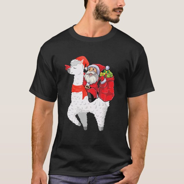Christmas Santa Claus Riding Llama For Boys Kids F T-Shirt (Front)