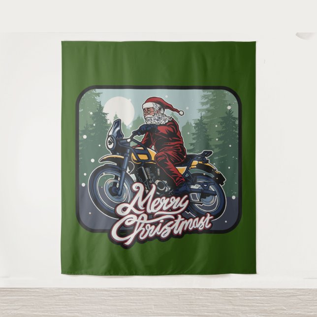 Christmas Santa Claus Riding Motorcycle Backdrop Tapestry (Front)