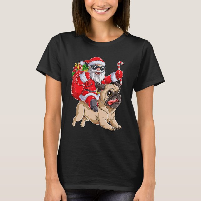 Christmas Santa Claus Riding Pug Xmas Boys Men Pug T-Shirt (Front)