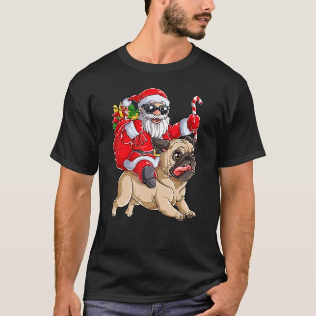 Christmas Santa Claus Riding Pug Xmas Boys Men Pug T-Shirt (Front)