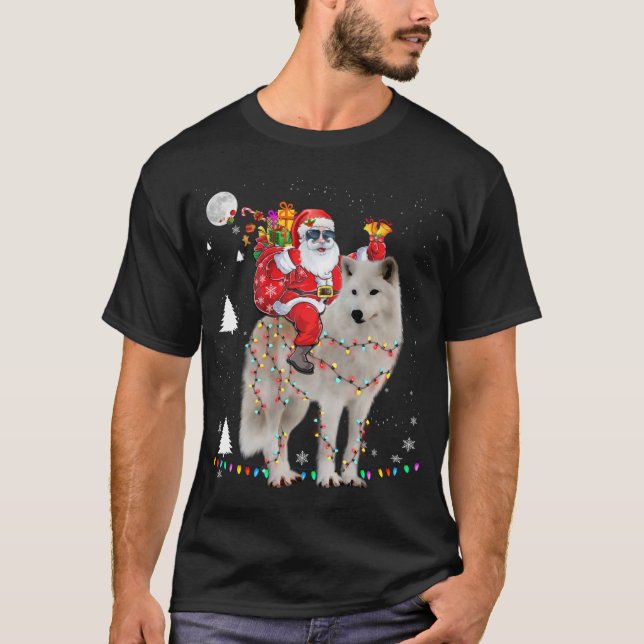 Christmas Santa Claus Riding Samoyed Lights Xmas H T-Shirt (Front)