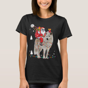 Christmas Santa Claus Riding Samoyed Lights Xmas H T-Shirt