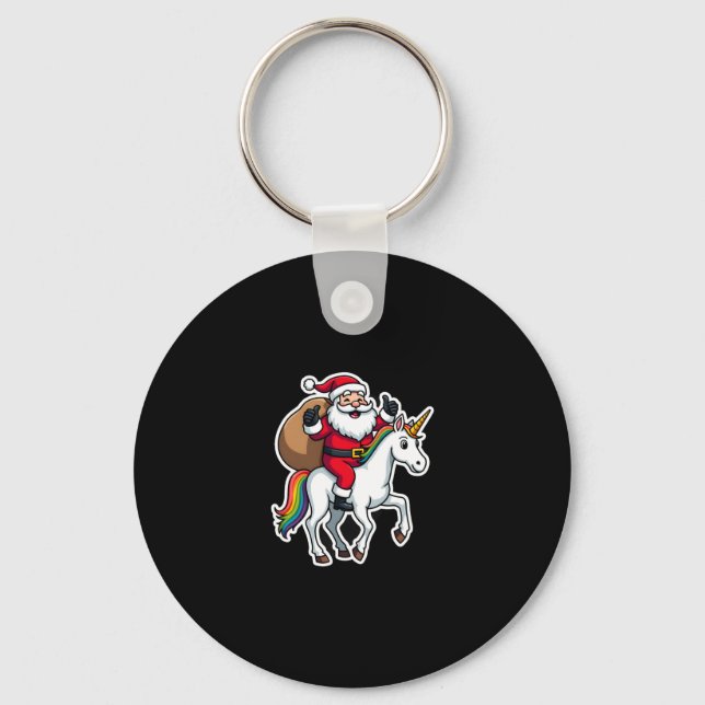 Christmas Santa Claus Riding Unicorn - Xmas Girls  Key Ring (Front)