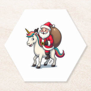 Christmas Santa Claus Riding Unicorn - Xmas Girls  Paper Coaster