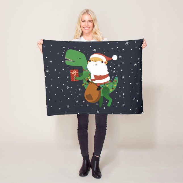 Christmas Santa Claus T-rex Dinosaur Sleigh Fleece Blanket (In Situ)