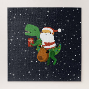 Christmas Santa Claus T-rex Dinosaur Sleigh Jigsaw Puzzle