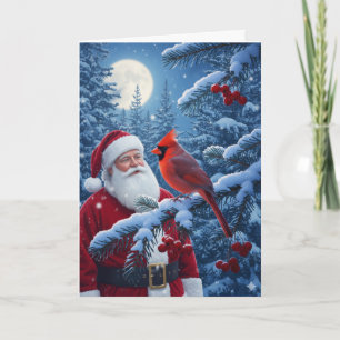 Christmas Santa Claus with Cardinal in Snowy Tree Holiday Card