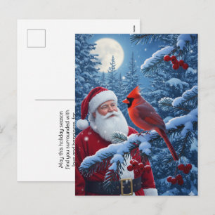 Christmas Santa Claus with Cardinal in Snowy Tree Holiday Postcard