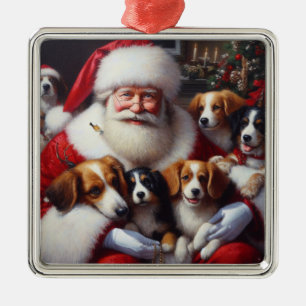 Christmas Santa Claus with Dogs 2 Metal Ornament
