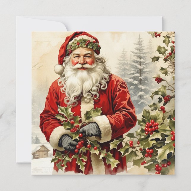 Christmas Santa Claus with Holly Berry Holiday Card (Front)
