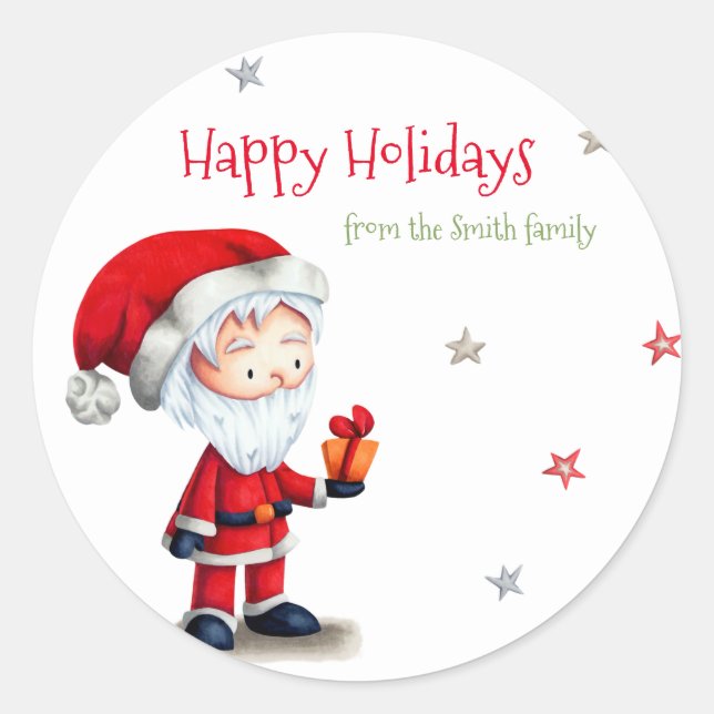 Christmas Santa Claus with Present Personalised Classic Round Sticker (Front)
