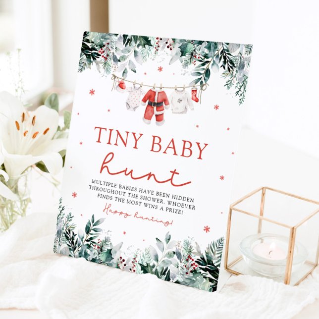 Christmas Santa Clothes Baby Shower Tiny Baby Hunt Pedestal Sign (Watercolor Christmas Santa Clothes Baby Shower Tiny Baby Hunt Pedestal Sign)