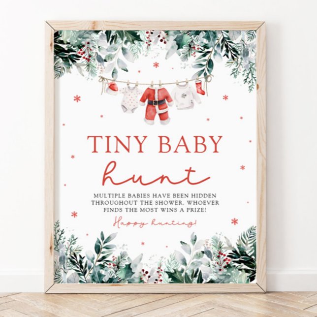 Christmas Santa Clothes Baby Shower Tiny Baby Hunt Poster (Watercolor Red Christmas Santa Clothes Baby Shower Tiny Baby Hunt Sign)