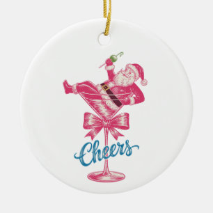 Christmas Santa Cocktail Glass Cheers Vintage Xmas Ceramic Ornament