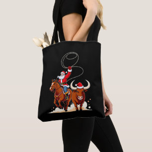 Christmas Santa Cowboy Lasso Bull Riding Rodeo Tote Bag