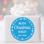 Christmas Santa Custom Name Blue Classic Round Sticker<br><div class="desc">Make Christmas extra special with these 'Love,  Santa' stickers,  personalised with the recipient's name. A stylish template,  featuring a festive border with snowflakes,  holly,  holiday stockings and stars. Custom stickers make a wonderful addition to your gift wrap,  envelopes,  party favours,  and more! Colours: blue and white.</div>