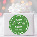 Christmas Santa Custom Name Green Classic Round Sticker<br><div class="desc">Make Christmas extra special with these 'Love,  Santa' stickers,  personalised with the recipient's name. A stylish template,  featuring a festive border with snowflakes,  holly,  holiday stockings and stars. Custom stickers make a wonderful addition to your gift wrap,  envelopes,  party favours,  and more! Colours: green and white.</div>